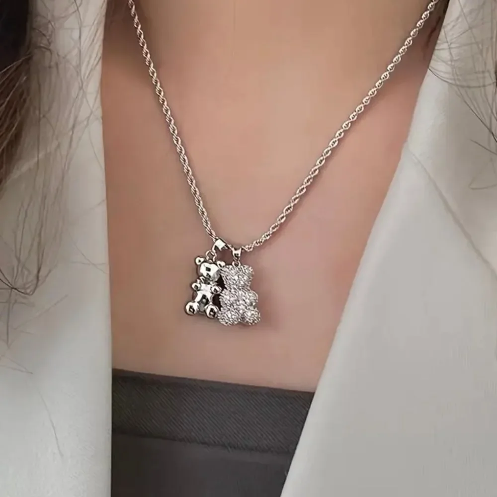 Silver Crystal Bear Pendant Necklace